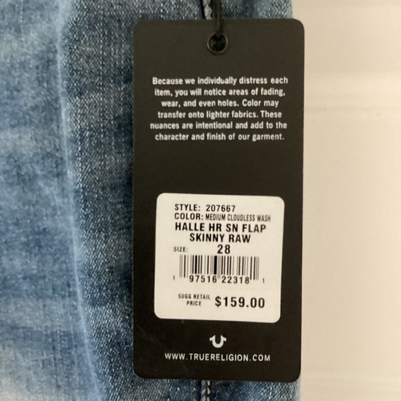 True Religion Halle High Rise Skinny Raw Hem Jeans in Medium Cloudless Wash 28 - Picture 3 of 15